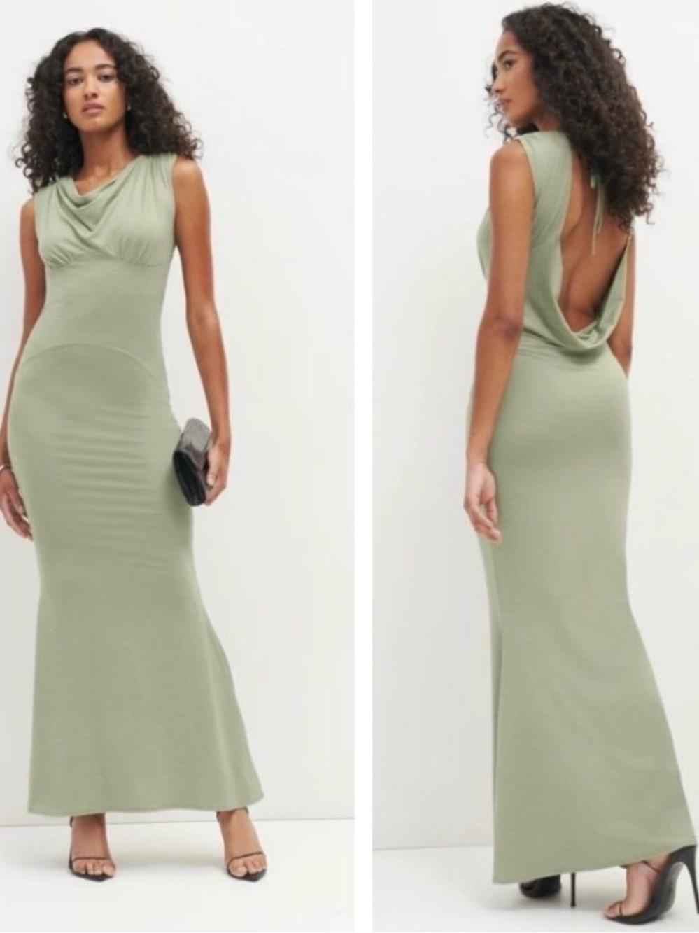 Reformation Seona Cowl Neck Open Back Knit Artichoke Green Maxi Dress Size M